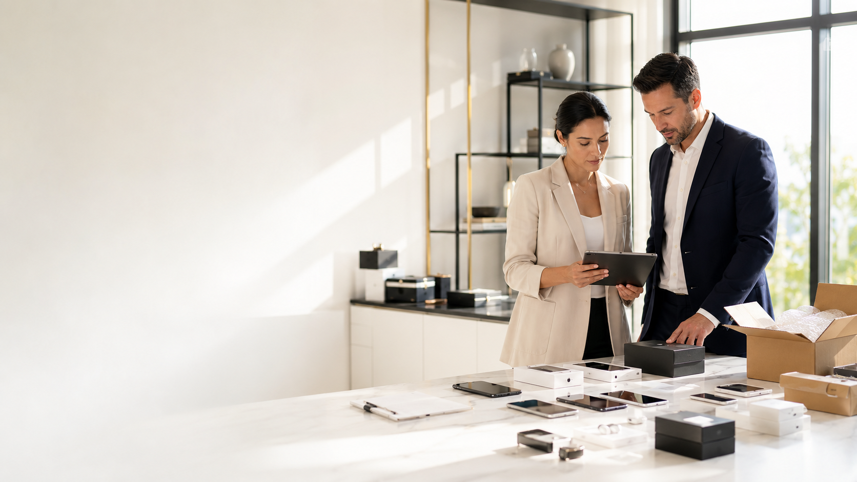 Business professionals reviewing electronics in a bright procurement studio