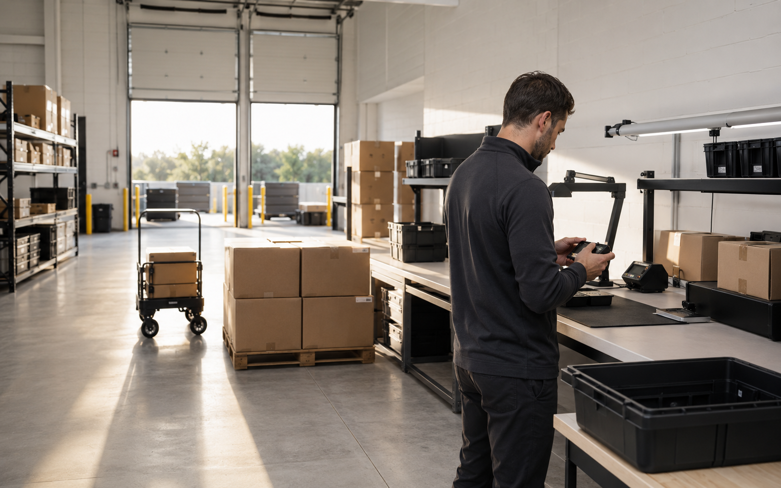 Quality control inside a bright modern distribution workspace